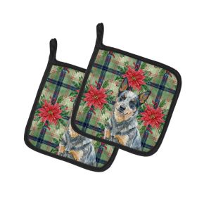 Blue Heeler Australian Cattle Dog Christmas PoinsettIas Pair of Pot Holders Pair 7.5x7.5 Quilted Insulated Hot Pads Decorative Kitchen Gift Made in US