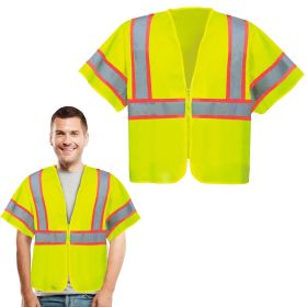 Yellow High Visibility Safety Vests, Large. Pack of 25 Polyester Reflective Vest for Women with Silver Reflective Strips, Zipper Closure. 120 GSM Refl