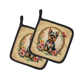 Yorkshire Terrier and Flowers Pair of Pot Holders Kitchen Heat Resistant Pot Holders Sets Oven Hot Pads for Cooking Baking BBQ, 7 1/2 x 7 1/2