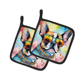 Boston Terrier Hippie Dawg Pair of Pot Holders Kitchen Heat Resistant Pot Holders Sets Oven Hot Pads for Cooking Baking BBQ, 7 1/2 x 7 1/2