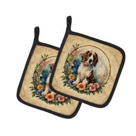 Welsh Springer Spaniel and Flowers Pair of Pot Holders Kitchen Heat Resistant Pot Holders Sets Oven Hot Pads for Cooking Baking BBQ, 7 1/2 x 7 1/2