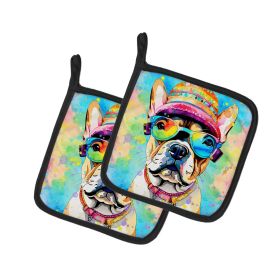 French Bulldog Hippie Dawg Pair of Pot Holders Kitchen Heat Resistant Pot Holders Sets Oven Hot Pads for Cooking Baking BBQ, 7 1/2 x 7 1/2