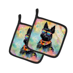 Scottish Terrier Hippie Dawg Pair of Pot Holders Kitchen Heat Resistant Pot Holders Sets Oven Hot Pads for Cooking Baking BBQ, 7 1/2 x 7 1/2