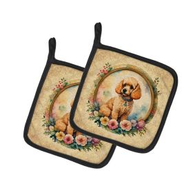 Poodle and Flowers Pair of Pot Holders Kitchen Heat Resistant Pot Holders Sets Oven Hot Pads for Cooking Baking BBQ, 7 1/2 x 7 1/2