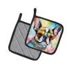 Boston Terrier Hippie Dawg Pair of Pot Holders Kitchen Heat Resistant Pot Holders Sets Oven Hot Pads for Cooking Baking BBQ, 7 1/2 x 7 1/2